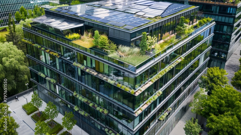 A modern glass office building with a green roof, featuring sustainable elements like solar panels