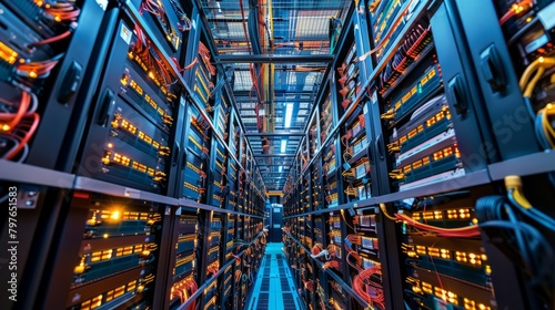 A large server room in a data center filled with rows of servers and extensive wiring for network connections