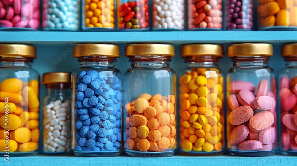 Shelf Filled With Glass Jars of Candy. Generative AI