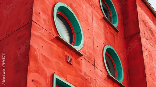 Closeup photo of the vibrant red details on an unusual building, emphasizing its quirky architectural features and smalltown context
