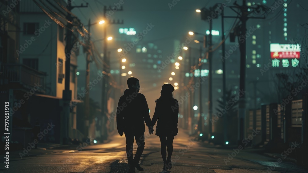 A couple strolls hand in hand along a deserted city street at night