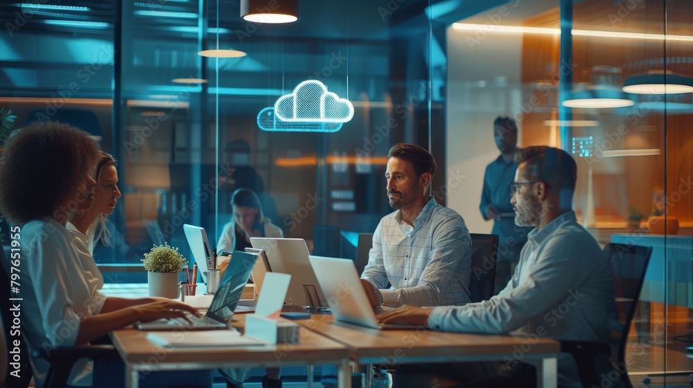 Group of professionals with diverse backgrounds sitting around a table, working on laptops in a modern office using cloud-based collaboration tools