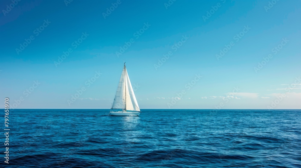 A white sailboat sails across the open ocean, with its sails billowing in the wind