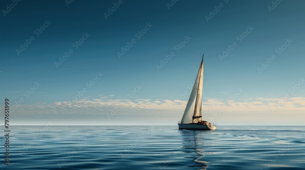 A sailboat is floating in the middle of the ocean, with its sails billowing under the sky. The boat is gliding across the open sea