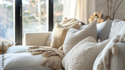 A Japandi style living room with a plush sofa and lots of pillows creating a cozy and inviting atmosphere