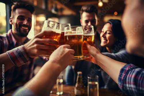 Group of friends drinking beer and clinking glasses at bar or pub. Group of friends clinking glasses of beer at bar or pub. pub concept with copy space. 