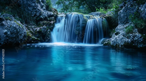 Closeup photo of the vibrant blue waters of a hidden waterfall  showcasing the purity and serene atmosphere of a secluded natural wonder