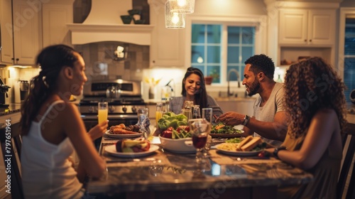 A medium shot of a family gathered around a kitchen table, sharing a meal and engaging in lively conversation