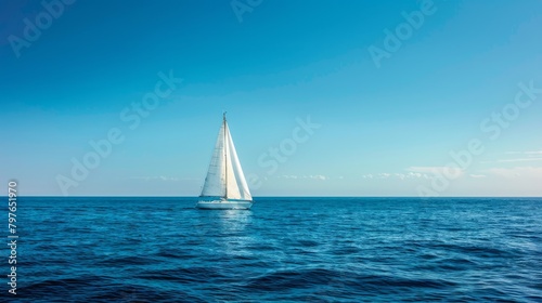 A white sailboat sails across the open ocean, with its sails billowing in the wind