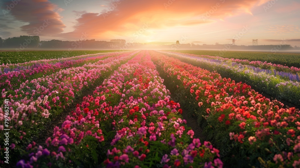 A field filled with colorful flower bushes under a setting sun