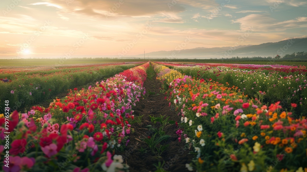 A wide-angle view of a sprawling field filled with colorful flowers, with the sun setting in the background