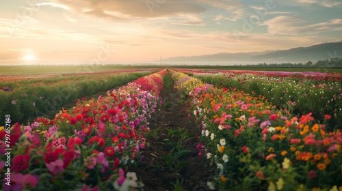 A wide-angle view of a sprawling field filled with colorful flowers, with the sun setting in the background