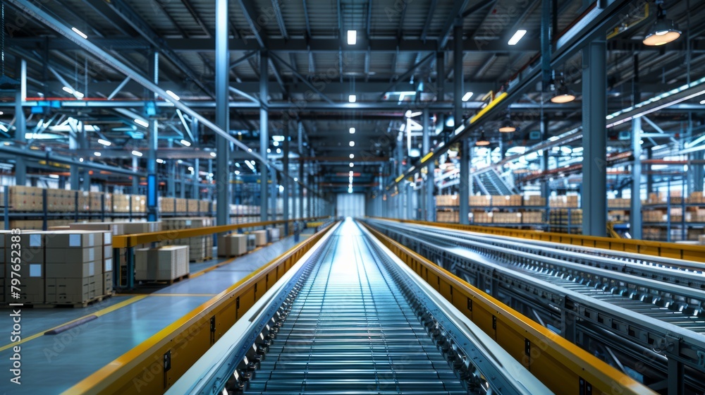A wide-angle shot of a large warehouse showcasing advanced conveyor belt systems and robotics for seamless sorting and distribution