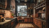 A farmhouse-style kitchen featuring rustic wooden cabinets, exposed brick walls, and vintage-inspired decor