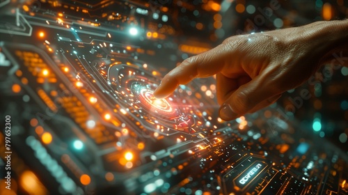 a finger pointing at a futuristic transparent screen, resembling a scene from a sci-fi blockbuster, with reflections of the futuristic environment visible on the screen's surface photo