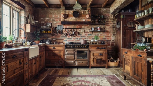 A farmhouse-style kitchen with wooden cabinets, exposed brick walls, and vintage-inspired decor