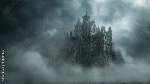 A wide-angle shot of a Halloween castle in a dark, stormy sky surrounded by mist © Ilia Nesolenyi