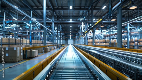 A wide-angle shot of a large warehouse showcasing advanced conveyor belt systems and robotics for seamless sorting and distribution