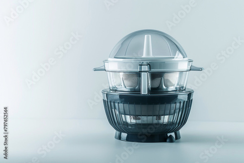 A compact juicer with a transparent lid and a non-slip base isolated on a solid white background.