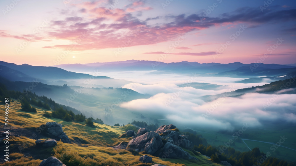 Evening sunset horizontal landscape from the top of the mountain. Green valley, clouds, pink sky. AI generated. Evening sunset horizontal landscape from the top of the mountain. Green valley, clouds, pink sky. AI generated.