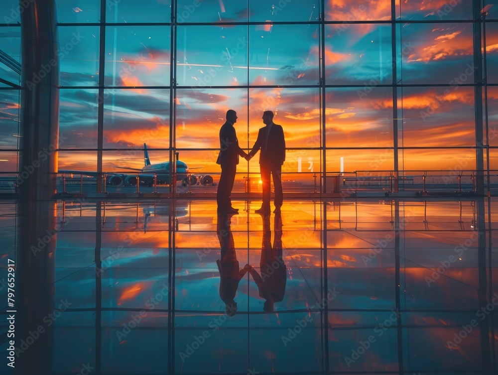 Two business men shaking hands in the airport lobby at sunset