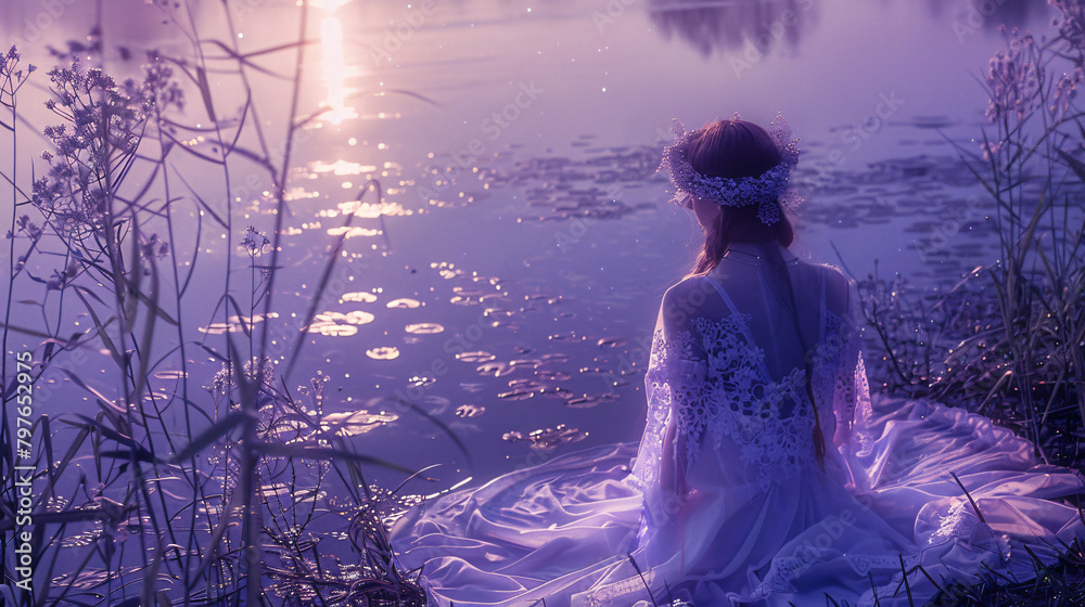 A river nymph in a white lace dress sits in a tall grass