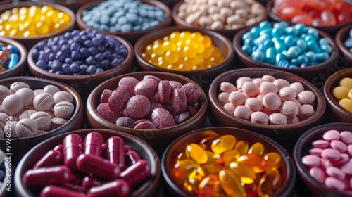 Close-Up of Various Colored Pills. Generative AI