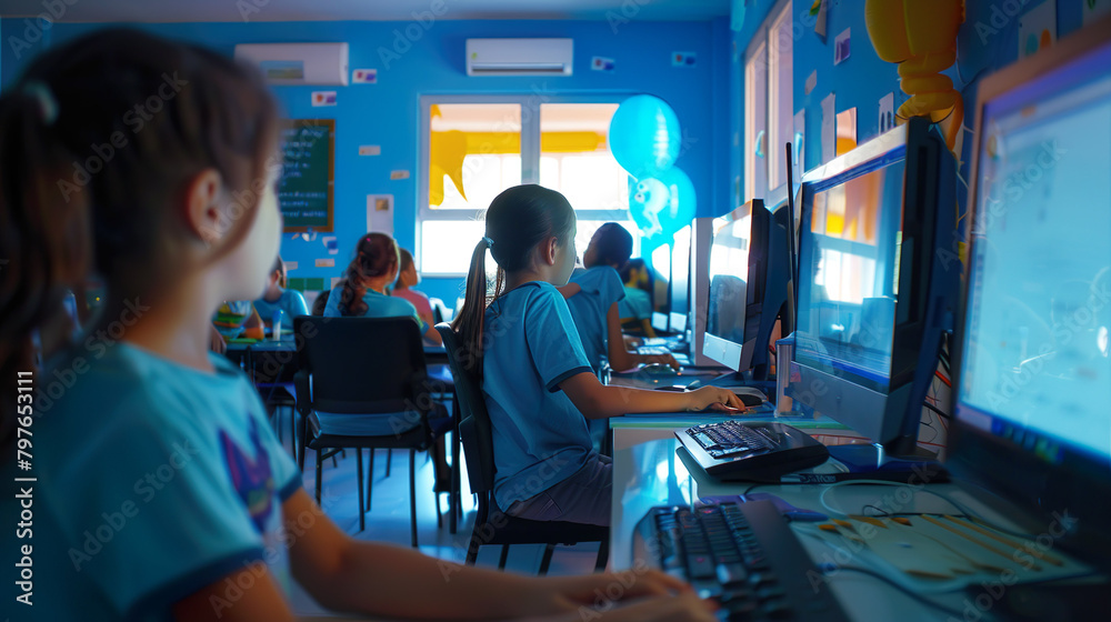 Teaching new academic skills on the computer The teacher gave a new lesson to a group of students of different nationalities in an international school. Teaching new academic skills on the computer The teacher gave a new lesson to a group of students of different nationalities in an international school.