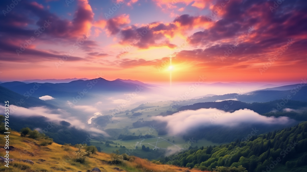Evening sunset horizontal landscape from the top of the mountain. Green valley, clouds, pink sky. AI generated. Evening sunset horizontal landscape from the top of the mountain. Green valley, clouds, pink sky. AI generated.