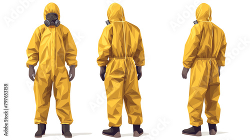 vector illustration of three full body view male wearing yellow hazmat suit, front back and side views on white background. Chemical and bio hazard protection gear concept