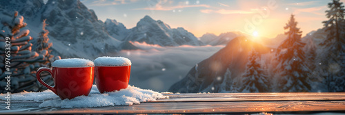 Hot drink in cups on frozen wooden table over winter,
Hot toddy in a cozy mountain lodge
 photo