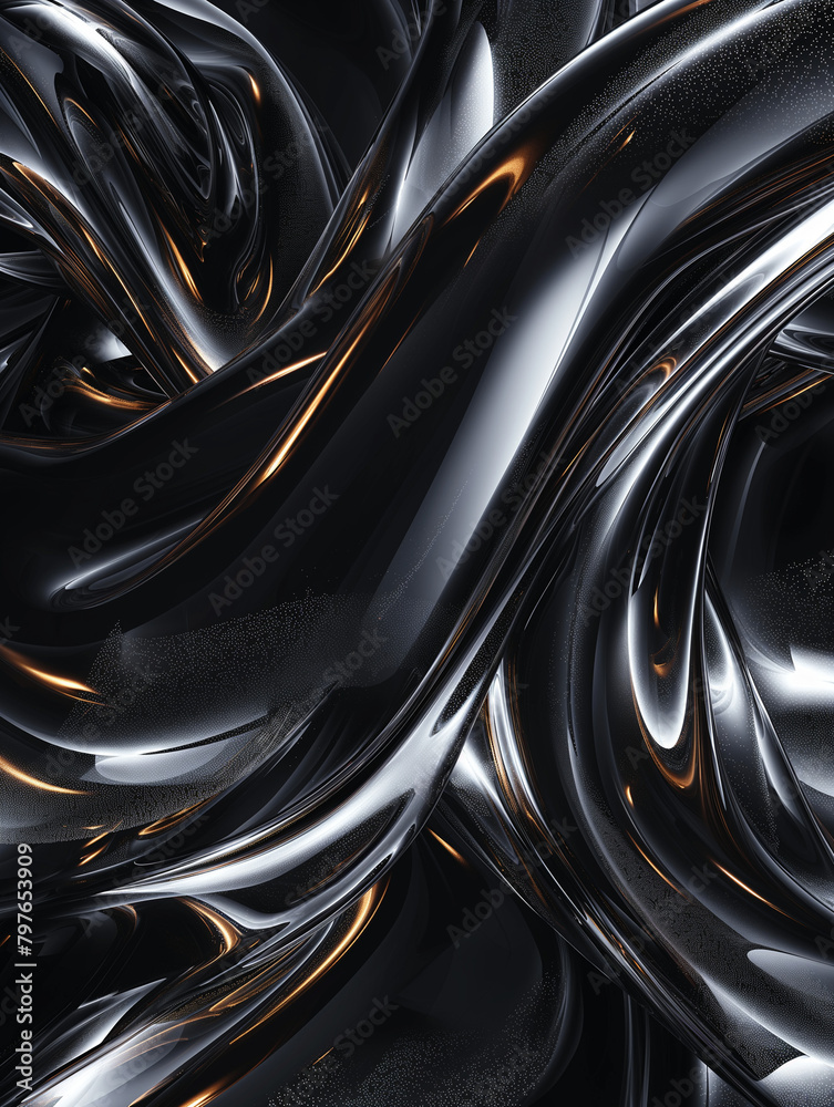 Fototapeta premium Glänzender wellig geschwungener Kunststoff in orange mit schwarz als Hintergrundmotiv und Druckvorlage