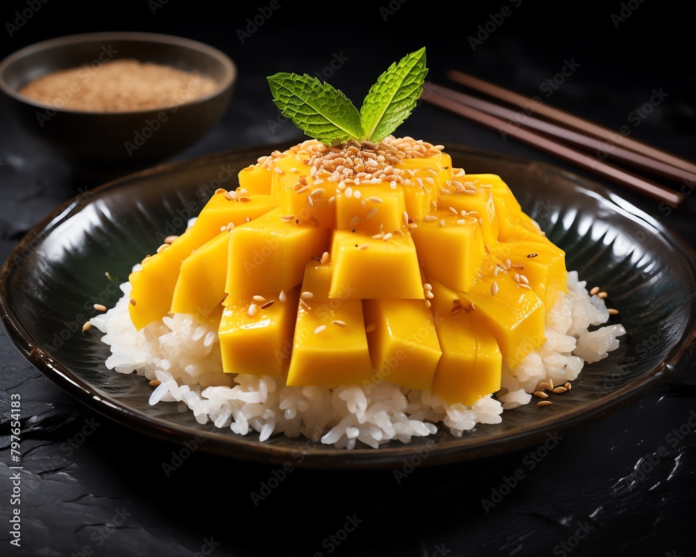 A traditional serving of Mango Sticky Rice, featuring ripe mango slices beside a mound of coconut milksoaked sticky rice, garnished with toasted sesame seeds A traditional serving of Mango Sticky Rice, featuring ripe mango slices beside a mound of coconut milksoaked sticky rice, garnished with toasted sesame seeds