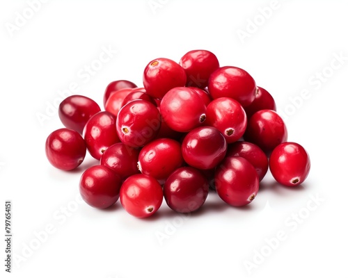 A scattering of cranberries, their deep red color vivid against a white background, arranged to showcase their small size and tart flavor, ideal for festive and culinary uses