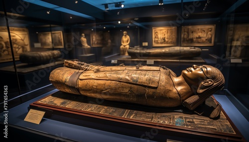 Ancient Egyptian mummy exhibit in a museum setting, focused on the intricate wrapping techniques and historical artifacts, suitable for educational and cultural themes