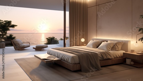 An elegant minimalist bedroom with panoramic views, featuring a kingsized bed, luxurious linens, and a muted color palette, tailored for sophisticated comfort in a luxury setting photo