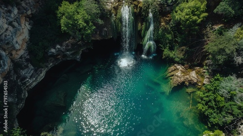 Aerial view capturing the serene beauty of a hidden waterfall  with crystalclear waters glistening under the sunlight  perfect for peaceful retreat promotions