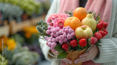 Person Holding a Basket of Fruit. Generative AI