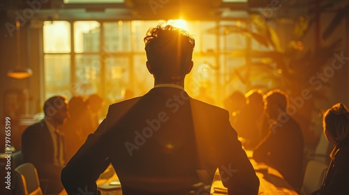 A man standing with his back to the camera, looking out at a city at sunset.