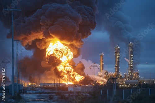 Major fire at an industrial oil refinery. Powerful fire explosion with black smoke cloud, Generative AI