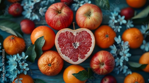 Heart-Shaped Fruit Surrounded by Oranges and Blue Flowers. Generative AI