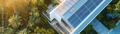 Aerial perspective of a home with sleek silver solar panels  focusing on the integration of sustainable technologies in residential architecture