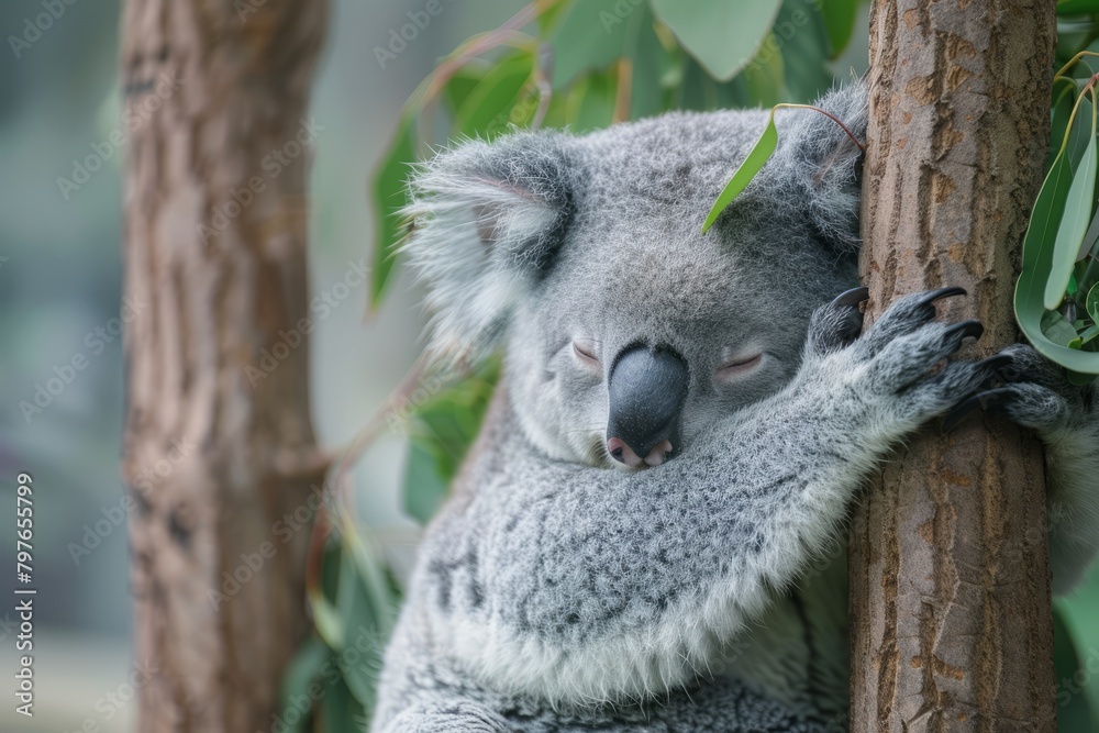 Obraz premium koala sleeping soundly in a cute tree with a jungle theme, generative ai