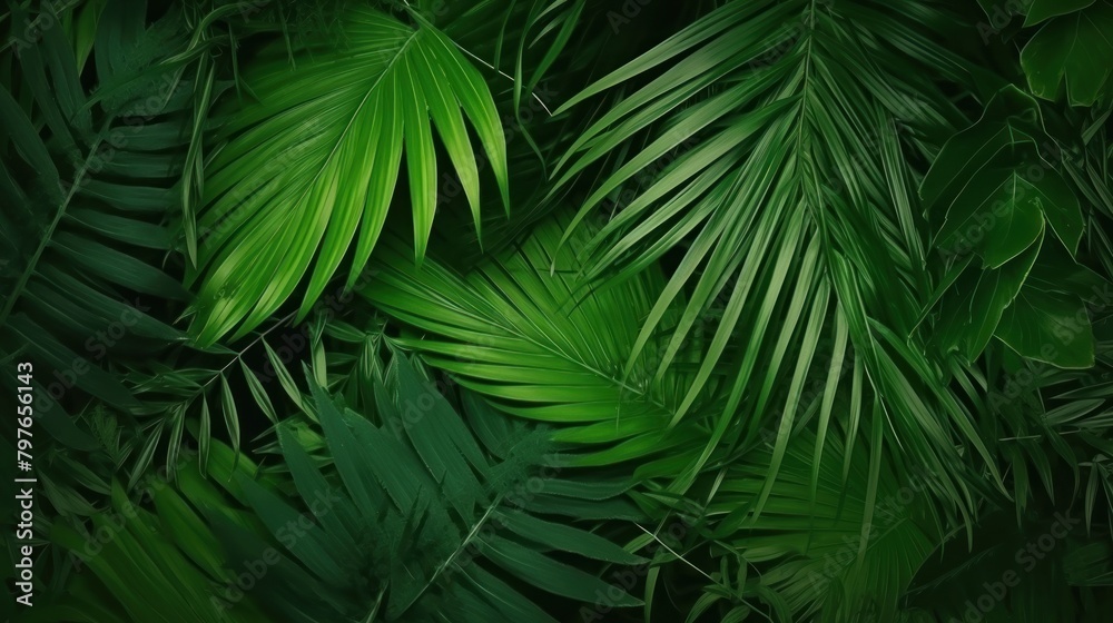 Abstract green leaves and tropical leaf texture background, Panorama background. nature concept. Generative AI