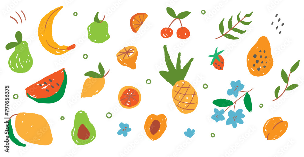 Set of abstract textured exotic fruit. Drawing leaf and citrous. Modern exotic jungle plant illustration. Organic shapes on isolated background