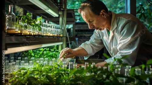 A man is busy working amidst a lush variety of green plants in a greenhouse setting