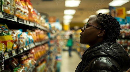 A woman standing in a grocery store aisle, carefully examining two food products to decide which one to purchase