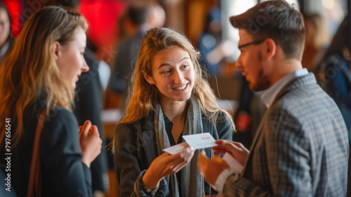 Attendees networking and exchanging business cards during a break at a business seminar