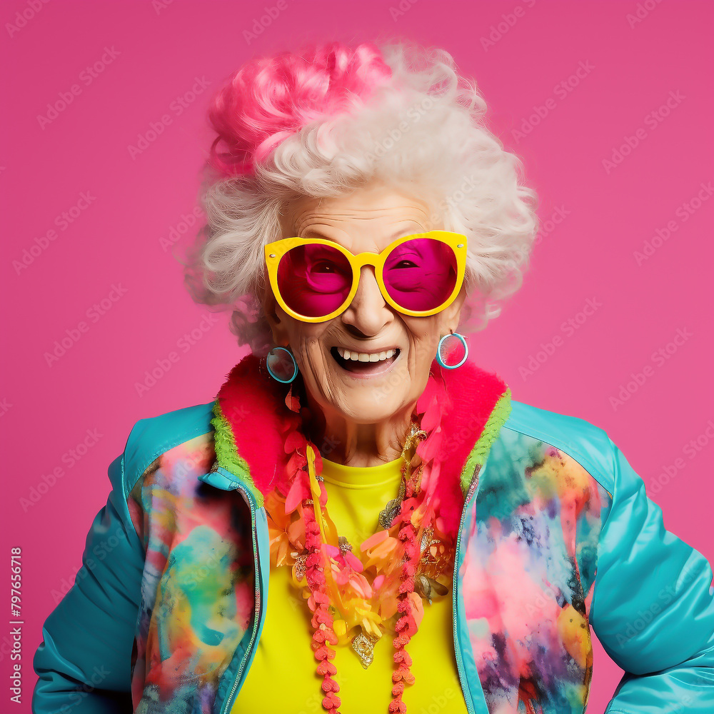 Portrait of cool senior hipster woman wear creative blazere Portrait of cool senior hipster woman wear creative blazere
