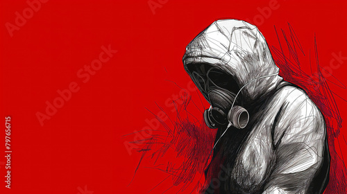 A man in a white hoodie and gas mask against a red background, drawn in pen in a simple sketchbook style, bio hazard gear photo